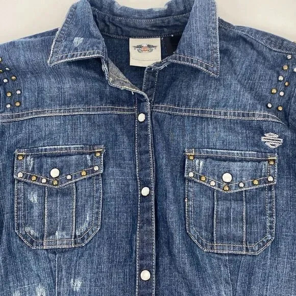 Harley Davidson Womens S Pearl Snap Close Studded  Denim Jean Shirt Roll Tab  Bl - Picture 3 of 12